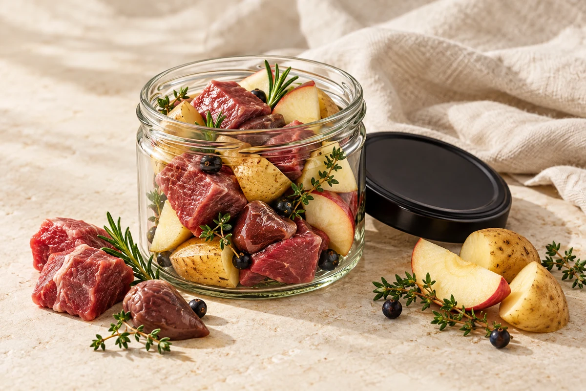 Ingredienti illustrati della ricetta Agnello e patate prima della cottura